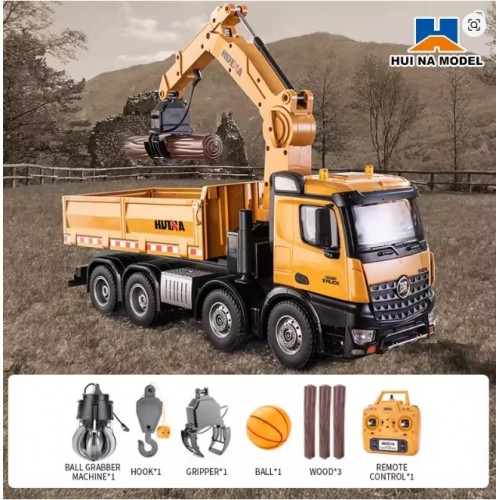 Huina 1538 RC Dump Truck 1:14 26CH Alloy Remote Control Grabing Wood Crane Construction Engineering Vehicle Model 