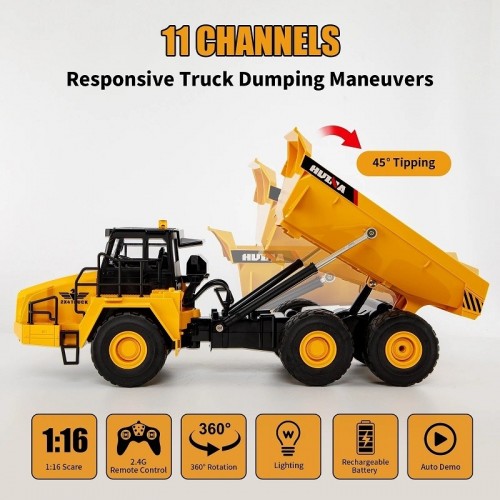 Huina 1553 Rc Excavator Huina 1/16 11CH 2.4G Electric Sound and Light Alloy Metal Dump Car RC Die-cast Truck Remote Control Toys