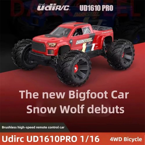 UDIRC 1610 PRO RTR 1/16 2.4G 4WD 65km/h Brushless RC Car LED Light Full Proportional Off-Road Climbing Truck High Speed Large Foot Remote Control Vehicles Models Oil Filled Shocks Metal Dogbone Toys - Red