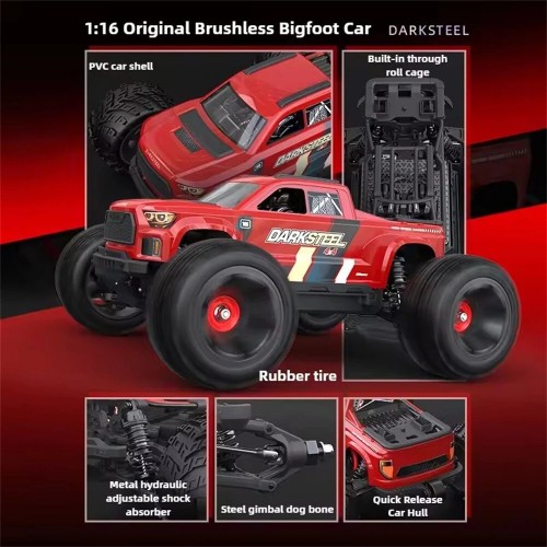 UDIRC 1610 PRO RTR 1/16 2.4G 4WD 65km/h Brushless RC Car LED Light Full Proportional Off-Road Climbing Truck High Speed Large Foot Remote Control Vehicles Models Oil Filled Shocks Metal Dogbone Toys - Red