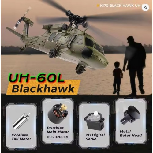 WLtoys K170 Brushless 4-CH RC Helicopter,Full-Scale UH60L Black Hawk,6-Axis Gyroscope, One Key Take-Off/Landing with 1 Batteries