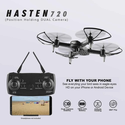 Hasten 720 Black | WiFi HD 720P FPV Dual Camera | Position Holding Drone